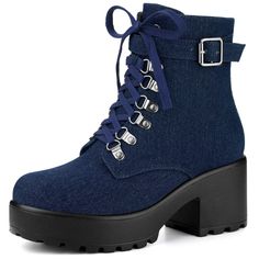 Shop Allegra K for zip chunky heel platform ankle combat boots you are looking for, get more women's chunky heel for yourelf. Order now! Free Returns! Cowgirl Boots Blue, Dark Blue Shoes, Ankle Platform Boots, Birthday Ig, Ankle Combat Boots, Goth Shoes, Boots Outfit Ankle, Blue High Heels, Platform Heels Boots