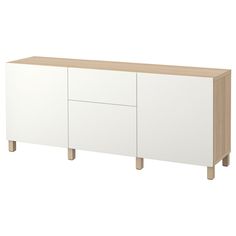 the sideboard with two doors and three drawers is shown in white and light wood