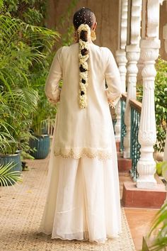 Ivory kurta with floral embroidery. Paired with a sharara and dupatta with scallop border. - Aza Fashions Cream Sharara With Dori Work, Kurta Sharara Set, Kurta Sharara, Scallop Border, Women Kurta, Straight Kurta, Sharara Set, Ivory Silk, Silk Embroidery