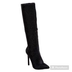 New Wild Diva Lounge Embellished Knee High Stiletto Pointy Toe Boots 8.5 Color: Black Satin Sparkly Style: Shaya Zipper Closure 4” Heel 17” Shaft Runner Sole True To Size Embellished Evening Boots For Party Season, Elegant Knee-high Boots With Rhinestones, Winter Formal Embellished Boots, Elegant Knee-high Rhinestone Boots, Embellished Boots For Formal Parties, Chic Embellished Heeled Boots For Night Out, Embellished Boots For Formal Party Season, Glamorous Fitted Heeled Boots With Rhinestones, Elegant Embellished Boots For Party Season