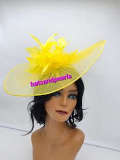 Extra Larg4Elegant Yellow Fascinator! Classic style to go with a variety of outfits: bridesmaids,  cocktail party,  Kentucky Derby, Rehearsal dinner, Easter and church outfits.  Ones with hair clip and headband.  - 50 - 55 inches  - Rare find - Lightweight  - Ready to ship - Fast Shipping - Free Shipping - Group discount available - Customize by adding different color flowers and or feathers - Headband and Hair clip  CHECK OUT MY STORE FOR OTHER STYLES & COLORS: etsy.com/shop/Hatsandpearls Find more at my website for more styles: www.hatsandpearls.com  Reach out to me if you can't find what you are looking for.  I can make cake custom orders and help you style and match your outfit  Tag and share your pictures when you wear and style our hats.  Instagram: @hats_pearls Facebook: Hats Pearls Elegant Fitted Fascinator For Carnival, Fitted Wedding Fascinator For Carnival, Adjustable Top Hat For Wedding And Carnival, Elegant Fitted Carnival Fascinator, Elegant Mini Hats For Wedding And Carnival, Wedding Carnival Fascinator, Yellow Summer Party Fascinator, Yellow Mini Hat For Spring Party, Yellow Spring Party Fascinator