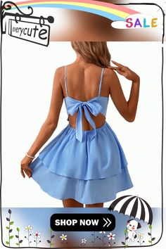 Light Blue Back Bowknot Spaghetti Strap Mini Dress Blue Sleeveless Sundress With Knotted Straps, Blue Beach Dress With Knotted Straps, Chic Blue Suspender Dress With Spaghetti Straps, Blue Dress With Knotted Straps For The Beach, Blue Dress With Knotted Straps For Spring, Spring Blue Dress With Knotted Straps, Blue Sundress With Spaghetti Tie Straps, Blue Summer Sundress With Tie Straps, Light Blue Mini Dress With Adjustable Straps For Summer