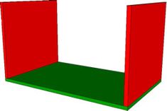 a red and green shelf sitting on top of a white wall