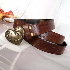 Hand dyed and embossed with antique silver color heart shape moon buckle Made from top quality Italian vegetable tanned leather Material: 100% Real Cow Leather Belt is 3,4 cm in width Buckle antique bronze color How to give your waistline? (look at the last picture!) You can track your order with the tracking number sent to you in any international tracking system. E.g. https://www.trackitonline.com https://www.17track.net For US customers: https://www.usps.com Thanks and happy shopping! Y2k Belts Aesthetic, Cute Belts For Women, Cow Belt, Cute Belts, Belts Aesthetic, Moon Belt, Heart Belt, Dragonfly Jewelry, Handmade Belts