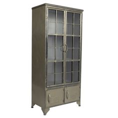 a tall metal cabinet with glass doors on the front and bottom shelves, against a white background