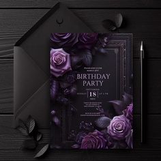 a birthday party card with purple roses on it and a pen sitting next to it