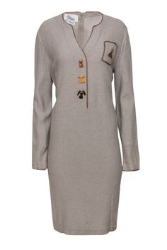 Steve Fabrikant - Vintage Sage Green Long Sleeve Dress w/ Dress Button – Current Boutique Retro V-neck Dress With Buttons, Vintage V-neck Winter Dress, Fitted Wool V-neck Dress, Retro Winter Day Dresses, Retro Winter Daywear Dresses, Long Dresses With Button Closure For Fall, Vintage V-neck Buttoned Midi Dress, Vintage V-neck Dress For Workwear, Vintage V-neck Midi Dress With Buttons