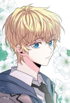 an anime character with blonde hair and blue eyes, wearing a black tie in front of white flowers