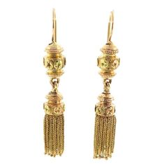 A pretty pair of French foxtail tassel earrings worked in yellow and rose 18K gold. The surmounts and the tops of the tassels are decorated with colored gold floral rosettes and each foxtail chain terminates in a small ball. The earrings dangle freely with attractive movement when being worn. Each is stamped with French 18K gold hallmarks. * Origin: France, ca. 1880 * Condition: excellent * Dimensions: 2-1/16" long from top of earwire * Weight: 9.7 g. Gold Hallmarks, Gold Floral, Earrings Dangle, Tassel Earrings, Jewelry Earrings Dangle, Selling On Etsy, Gold Color, Sell On Etsy, Etsy Earrings