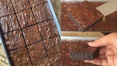 a hand holding a piece of brownie in front of a box of brownies