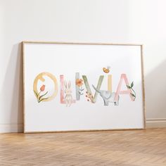 the word alva is made up of letters with flowers and leaves on them in pastel colors