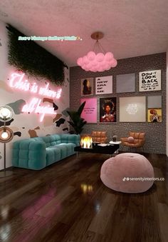 a living room filled with lots of furniture next to a wall covered in pink and blue balloons