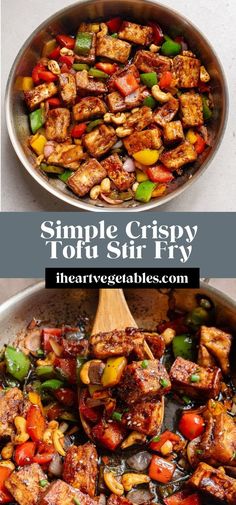 two pans filled with stir fry vegetables and tofu