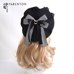 Winter Lolita Beret Hat Girl Heart Woolen Women's Hat Lace Bow Japanese Style Simple Berets for Style Beret, Black And White Plaid, Handmade Lace, Beret Hat, Lace Bows, Berets, Girl With Hat, White Plaid, Japanese Style