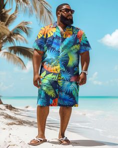 This Hawaiian Shirt Shorts Set is suitable for all kinds of casual occasions, such as vacations, beach parties, summer picnics and so on. You can pair it with a pair of sandals or sneakers for a trendy look. Whether you are on vacation or in daily life, this set will bring you a comfortable and stylish wearing experience. Casual suit: Casual men's short-sleeved shirt suit focuses more on comfort and leisure. It usually consists of a light, short-sleeved shirt worn with jeans or slacks. This set Hawaiian Shorts For Spring Beach Party, Hawaiian Style Shorts For Spring Beach Party, Hawaiian Beach Shorts For Spring, Hawaiian Shorts For Beach Party In Spring, Multicolor Beachwear Shorts For Summer, Green Beach Shorts For Summer, Blue Short Sleeve Swimwear For Vacation, Relaxed Fit Hawaiian Shirt With Tropical Print For Vacation, Summer Hawaiian Shirt With Short Sleeves For Vacation