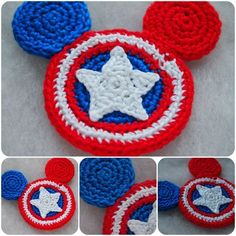 crocheted captain america coasters are shown in three different pictures, one is red white and blue