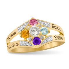 This mother's petite cubic zirconia accented family ring by ArtCarved® can be personalized with four 3.0mm birthstones of your choice set at the four corners of the 4.0mm center stone, which represents mom. Further customize the ring by adding four names engraved along the rings split shank design and accented with their corresponding birthstones. Sterling silver rings cannot be resized after purchase. Family Ring, Family Rings, Split Shank Ring, Cubic Zirconia Rings, Split Shank, Four Corners, The Rings, The Four, Stone Settings