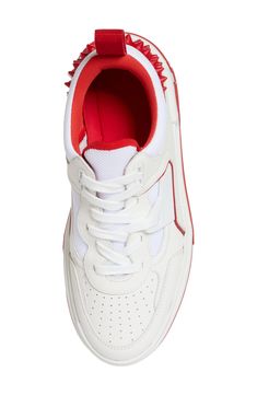 A '90s-inspired, street-savvy silhouette that borrows from basketball and skate shoes of the era defines this mixed-media sneaker bristled with signature spikes. Lace-up style Wipe with a soft, dry cloth and store in a dust bag Removable insole Leather, textile and synthetic upper/textile lining/synthetic sole Made in Italy Designer Shoes Casual Basketball Shoes With Perforations For Streetwear, Sporty Lace-up Basketball Shoes With Studded Outsoles, High-top Chunky Sneakers With Perforations For Streetwear, Mid-top Platform Sneakers With Rubber Waffle Outsoles For Streetwear, Sporty Low-top Basketball Shoes With Studded Outsoles, White Lace-up Basketball Shoes With Studded Rubber Outsoles, White Lace-up Basketball Shoes With Studded Outsoles, Casual Chunky Sneakers With Perforations For Streetwear, Casual Chunky Perforated Sneakers For Streetwear