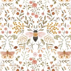 a bee surrounded by flowers and leaves on a white background with orange, pink, yellow and green accents