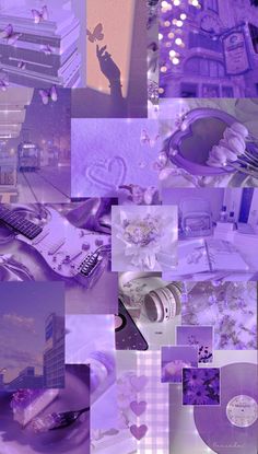 a collage of purple and white images with hearts, flowers, and other things