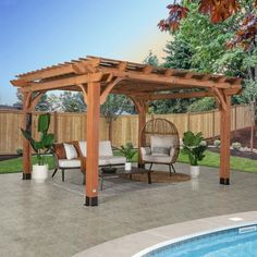 a backyard with a pool, patio furniture and a pergolan gazebo in the background