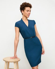 Felisa Dress - Recycled Wondertex :: Deep Teal – M.M.LaFleur Fitted V-neck Wrap Dress For Work, Chic Cap Sleeve Midi Dress, Chic Short Sleeve Belted Dress For Office, Elegant Fitted Belted V-neck Dress, Formal V-neck Belted Dress With Tie Waist, Chic Fitted Midi Dress With Cap Sleeves, V-neck Belted Midi Dress For Office, Spring Workwear Midi Dress With Cap Sleeves, Chic Dress With Pleated Waist And Cap Sleeves