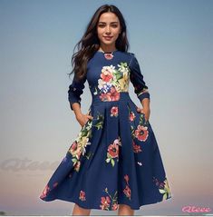 Qteee - Vintage Floral Party Dress with Seven-Quarter Sleeves and Round Neck Casual Floral Printed Dress For Party, Casual Floral Print Midi Dress For Party, Fall Garden Party Printed Dress, Printed Midi Floral Dress For Party, Printed Floral Midi Dress For Party, Party Floral Printed Midi Dress, Printed Knee-length Midi Dress For Party, Multicolor Floral Midi Dress For Party, Long Sleeve Multicolor Dresses For Garden Party