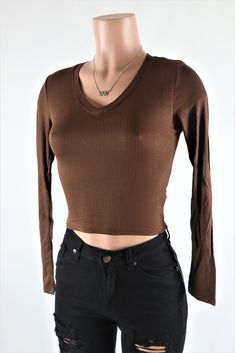 Size: S, Color: Brown Instagram Clothing, V Neck Crop Top, Instagram Outfits, Brown Top, Neck Crop Top, Long Sleeve Crop, Clothing Boutique, Long Sleeve Crop Top, Boutique Clothing