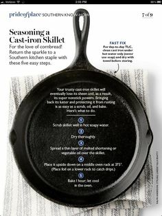 a cast iron skillet with instructions for cooking