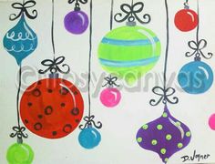 a painting of christmas ornaments hanging from strings