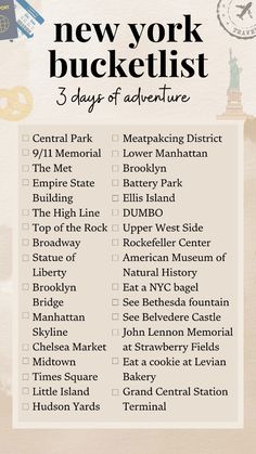 the new york bucket list for 3 days of adventure is shown in this graphic style