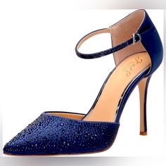 Jewel Badgley Mischka Jailene Ankle Strap Stiletto Size:8 Color: Navy Satin Condition: Brand New With Tags And Box. Faceted Crystals Accentuate The Ankle Strap And Pointy Toe Of A Lofty Stiletto Pump. -3 3/4" Heel -Textile Upper/Synthetic Lining/Rubber Sole Blue Glamorous Wedding Shoes For Party, Glamorous Blue High Heel Wedding Shoes, Elegant Blue Wedding Shoes For Evening, Blue Fitted Heels For Gala, Chic Blue Wedding Shoes For Evening, Fitted Blue Wedding Shoes For Party, Elegant Blue Heels With Heel Strap, Blue Wedding Shoes With 4-inch Heel For Evening, Elegant Blue Wedding Shoes With Heel Strap