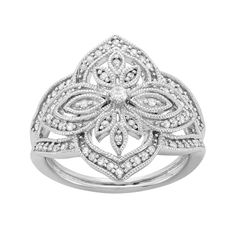 An intricate floral motif decorated with diamonds provides alluring appeal to this ring. Add a dazzling touch to your ensembles wearing this sterling silver ring. Comes in a gift box. An intricate floral motif decorated with diamonds provides alluring appeal to this ring. Add a dazzling touch to your ensembles wearing this sterling silver ring. Comes in a gift box.  Width: .84 in. Metal: rhodium-plated sterling silverDIAMOND DETAILS Total weight: 3/8 ct. Shape: round Setting: prong Color grade: Elegant Flower-shaped Diamond Cut Rings, Silver Brilliant Cut Diamond Ring In Flower Shape, Silver Diamond Ring With Brilliant Flower Cut, Silver Diamond Ring With Brilliant Cut In Flower Shape, Elegant Cubic Zirconia Flower Diamond Ring, Diamond White Cubic Zirconia Flower Shaped Ring, Elegant Flower Shaped Ring With Brilliant Cut, Cubic Zirconia Diamond Ring In Flower Shape For Anniversary, Diamond Flower Ring For Formal Occasions