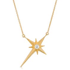 Created for Stars born to shine.

 	Style: Drop Necklace
 	Metal: Sterling Silver, plated with 18K Yellow Gold
 	Color: Gold  (see this design in Silver)
 	Stone: 2 diamond-cut white Cubic Zirconia (one on each side)
 	Size: North Star Polaris 1.38" (35 mm)
 	Length: 16″ – 19″ adjustable chain with lobster clasp

Style Number: N20009STASLGL-S

ARY D'PO Shiny Stars Collection Inspiration > Gold Star-shaped Diamond Necklace Gift, Star-shaped Cubic Zirconia Diamond Necklace Gift, Star-shaped Diamond White Necklace With Single Cut Diamonds, Elegant Star-shaped Diamond Cut Necklace, Elegant Star Shaped Diamond Cut Necklace, Formal Star-shaped Single Diamond Jewelry, Elegant Starburst Jewelry For Anniversary, Star-shaped Diamond White Necklace For Anniversary, Starburst Diamond Jewelry For Anniversary