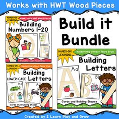 three posters with the words build it bundle for children to learn how to write and draw