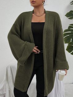 Plus Size Women's Solid Color Simple Daily Long Sleeve Knit Cardigan Green Casual  Long Sleeve Fabric Plain  Slight Stretch  Women Plus Clothing, size features are:Bust: ,Length: ,Sleeve Length: Long Green Cardigan Outfit, Long Green Cardigan, Green Cardigan Outfit, Comfy Jumpsuits, Cardigan Outfit, Long Sleeve Knitted Cardigan, Plus Size Cardigans, Green Cardigan, Cardigan Outfits