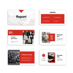 four different presentation slides with red and white accents