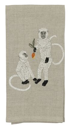 two monkeys are eating an orange on a gray background with white thread and black dots