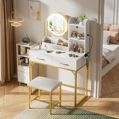 a dressing table with a mirror and stool