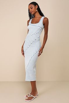 The Lulus Constantly Trendy Blue Striped Crinkle Bodycon Midi Dress is at the top of our ""to-wear"" list! Crinkly ribbed knit, decorated with blue and ivory stripes, creates wide tank straps, a square neckline, and a fitted bodice. Bodycon silhouette falls down to a midi skirt. Asymmetrical seaming with lettuce edges lend a unique effect throughout. Fit: This garment fits true to size. Length: Mid-calf length. Size medium measures 47" from shoulder to hem. Bust: Great for any cup size. Waist: F Skirt Asymmetrical, Adhesive Bra, Square Neck Dress, Bodycon Midi Dress, Midi Dress Casual, Bodycon Midi, Blue Decor, Strapless Bra, Midi Dress Bodycon