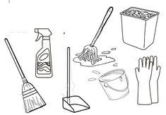 various household cleaning supplies including gloves, bucket and mop