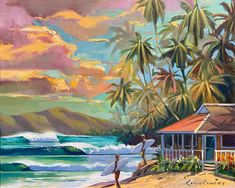 a painting of a man holding a surfboard in front of the ocean and palm trees