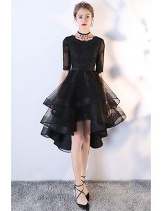 Chic Black Tulle High Low Homecoming Prom Dress with Lace Homecoming Dresses High Low, Gaun Tulle, Fitted Homecoming Dresses, Prom Dress With Lace, Black Lace Prom Dress, High Low Prom Dress, Fitted Prom Dresses, Black Homecoming Dress, Satin Evening Dresses