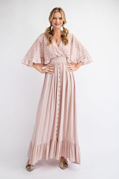 Be ready for your close-up in this Aspen Maxi Dress! With contrast lace at the top and a smocked waistband for cozy comfort, this dress will make you stand out in style. Plus, the wide and wily sleeves, button down skirt, and ruffled hemline make it totally photogenic! (And don't forget to tie up the back before you go!) Fabric Contents Rayon Imported Bohemian Dress With Smocked Back And Flutter Sleeves, Feminine Dress With Smocked Back And Ruffle Sleeves, Chic Dresses With Lace Trim And Flowy Skirt, Pink Smocked Bodice Dress With Ruffle Sleeves, Pink Dresses With Smocked Bodice And Ruffle Sleeves, Summer Daywear Dresses With Bell Sleeves, Summer Bell Sleeve Dresses For Daywear, Ruffled Flowy Dresses For Daywear, Ruffle Sleeve Dress With Smocked Back For Daywear