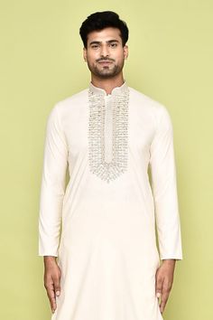 Off-white cotton kurta with thread and sequins embroidery. Comes with art silk dhoti pant. - Aza Fashions Diwali Off-white Cotton Sherwani, White Semi-stitched Sherwani With Traditional Drape, Bengali Dhoti Kurta For Men, White Dhoti Kurta For Men, Dhoti Mens Traditional, Kurta Cotton, Kurta Patterns, Dhoti Pants, White Kurta