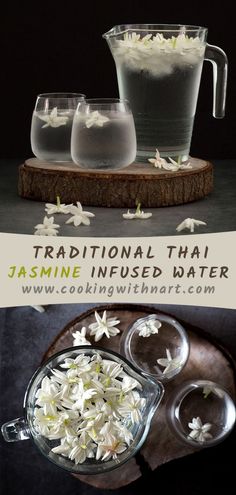 the ingredients to make traditional thai steamed water are displayed in glass bowls and on wooden trays