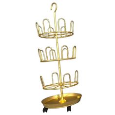 three tiered gold plate holder on wheels