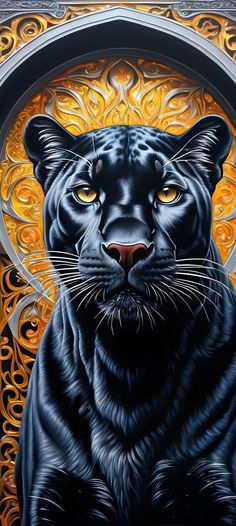 a painting of a black panther with yellow eyes and an ornate design in the background