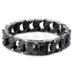 PRICES MAY VARY. Black Skull Charms Snake Skin Pattern Curb Chain Mens Large Steel Bracelet with Pirate Skulls Clasp Metal: Stainless Steel Finishing: Polished Dimension: Chain length: 21.5CM(8.46"); Chain Width: 1.6CM(0.63"); Weight: 106.9g Package: Jewelry Box with Brand Name COOLSTEELANDBEYOND *Condition: 100% brand new
*Code: MB-2755
*Metal: Stainless Steel
*Finishing: Polished
*Dimension: Chain length: 21.5CM(8.46"); Chain Width: 1.6CM(0.63")
*Weight: 106.9g
*Package: Jewelry Box with Brand Black Skull Bracelets For Streetwear, Black Punk Chain Bracelet As A Gift, Gothic Stainless Steel Skull Bracelets, Black Punk Style Chain Bracelet As Gift, Black Punk Style Chain Bracelet For Gift, Punk Style Black Chain Bracelet Gift, Black Gothic Skull Bracelet, Black Skull Punk Bracelets, Punk Black Skull Bracelets