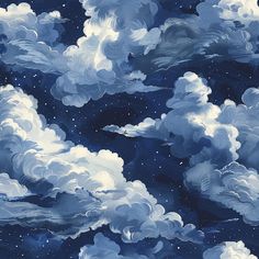 a painting of clouds and stars in the night sky, with blue hues on them